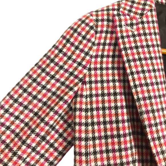 Talbots Houndstooth Plaid Women's Wool Blend Blazer Sz 8 Pink Red Belted Lined - Picture 3 of 10